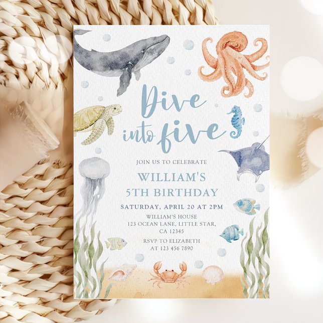 Invitación Dive Into Five Ocean Animals 5th Birthday (Subido por el creador)