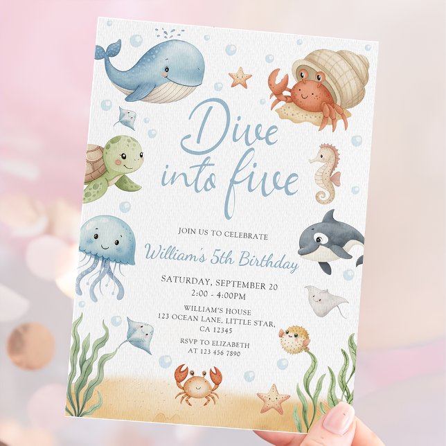 Invitación Dive Into Five Ocean Animals 5th Birthday (Subido por el creador)