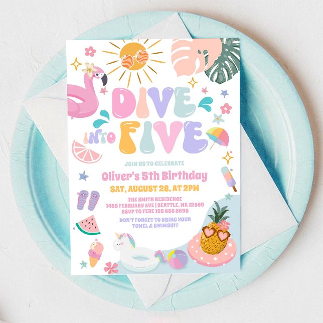 Invitación Dive Into Five Pool Party Summer 5th Birthday (Subido por el creador)