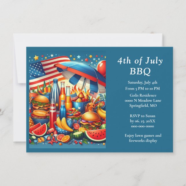 Invitación Diversión 4 de julio rojo blanco azul  (Anverso)