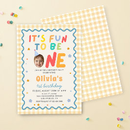 Invitación Diversión al Cumplir Un Año Foto Gingham