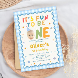 Invitación Diversión al Cumplir un Año Foto Gingham Azul Cump