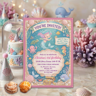 Invitación Diversión Bajo el Mar Cumpleaños de Sirena 3 años