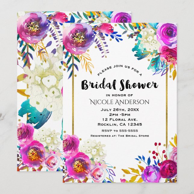 Invitación Diversión Brillante y Audaz Cumpleaños Floral de A (Anverso / Reverso)