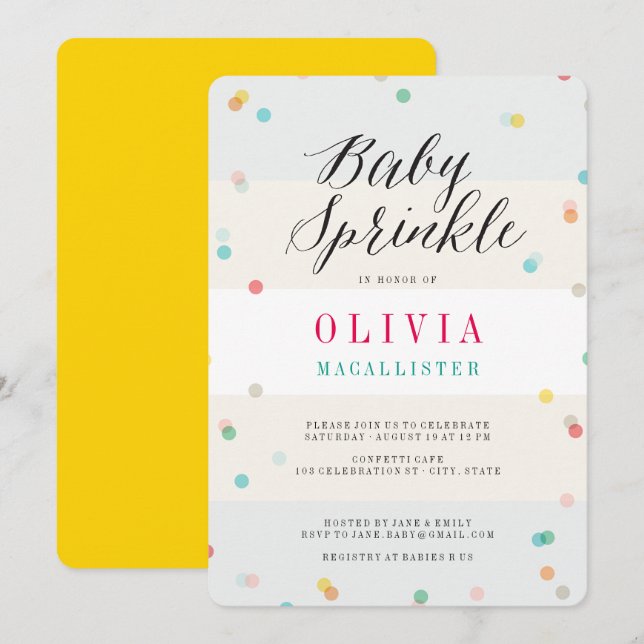 Invitación Diversión colorida Confetti escritura moderna Bebé (Anverso / Reverso)