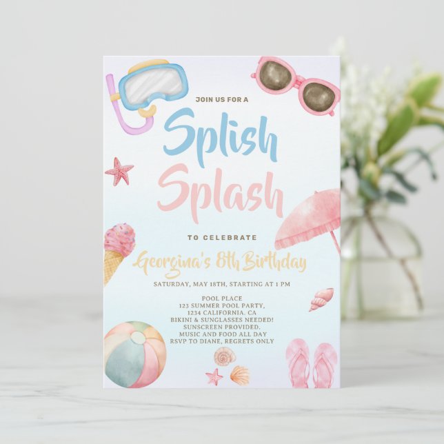 Invitación Diversión Cumpleaños de niña de verano Salpicar Sa (Anverso de pie)