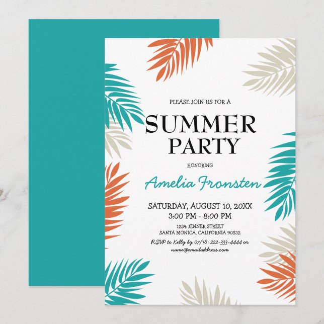 Invitación Diversión Cumpleaños de verano con palmeras tropic (Anverso / Reverso)