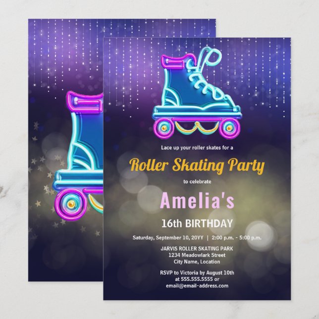 Invitación Diversión Cumpleaños Fiesta de Patinaje con Luces  (Anverso / Reverso)