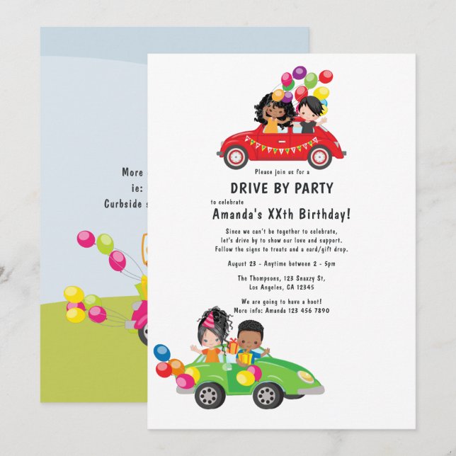 Invitación Diversión Cumpleaños Fiesta Drive By (Anverso / Reverso)