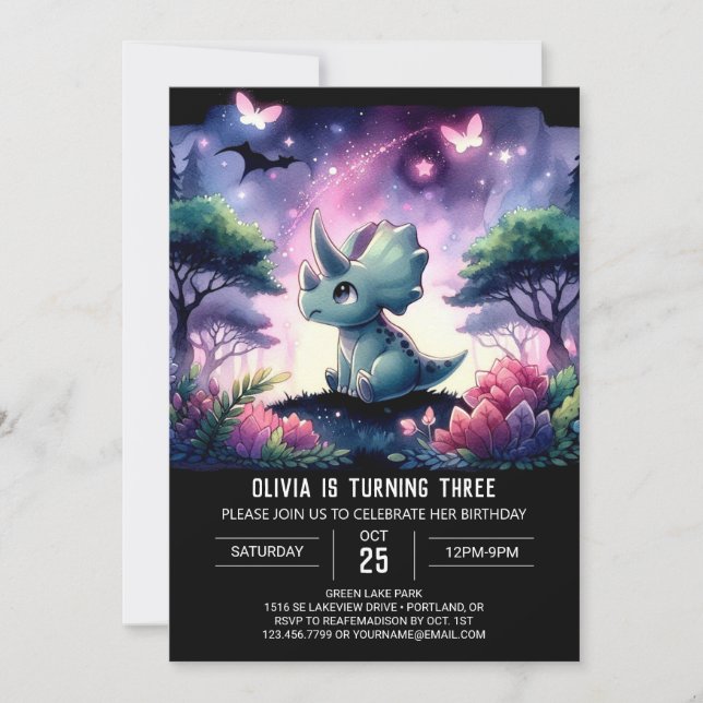 Invitación Diversión Cumpleaños Prehistórico Triceratops (Anverso)