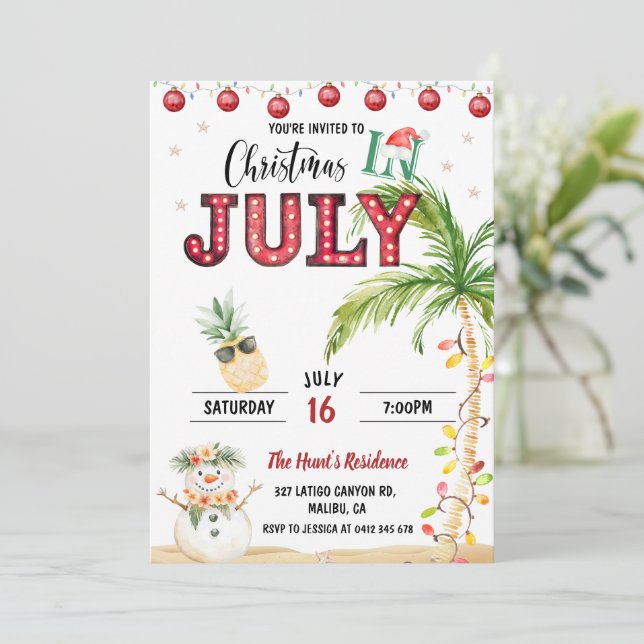 Invitación Diversión de Acuarela Fiesta de Navidad en Julio (Anverso de pie)