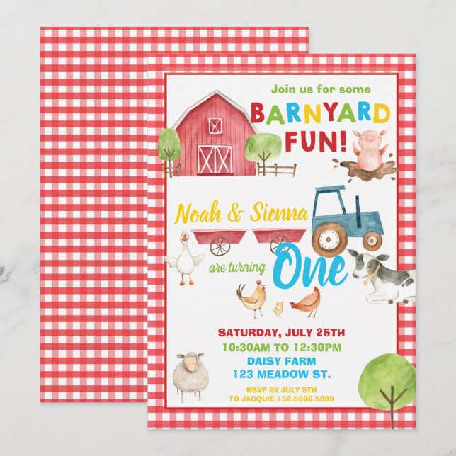 Invitación Diversión de Barnyard 1 Fiesta de cumpleaños Granj (Anverso / Reverso)