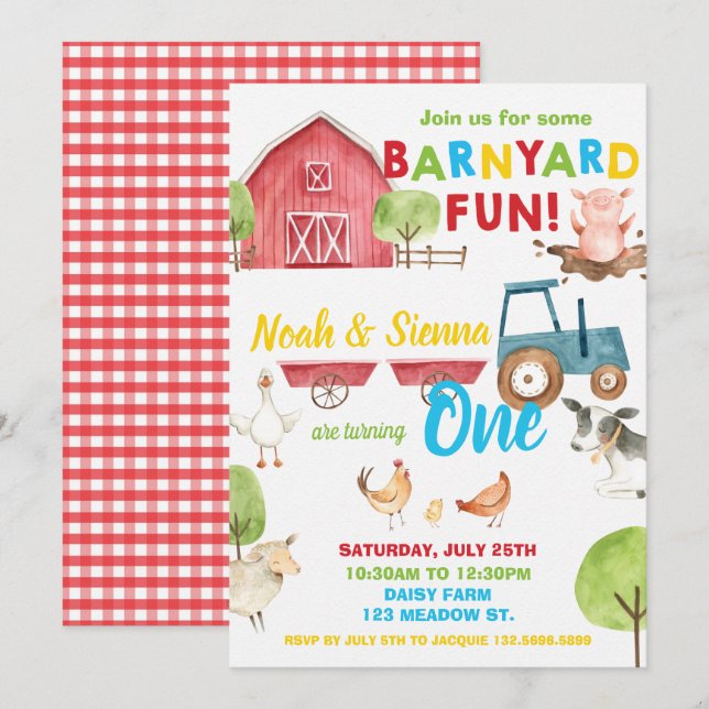 Invitación Diversión de Barnyard 1 Fiesta de cumpleaños Granj (Anverso / Reverso)