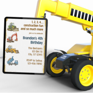 Invitación Diversión de construcción 1,2,3,4, 4º cumpleaños