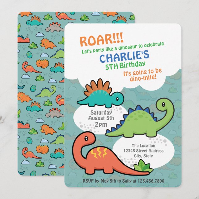 Invitación Diversión de dinosaurios (Anverso / Reverso)