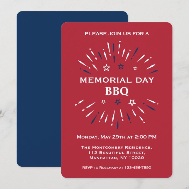 Invitación Diversión de fuegos artificiales rojos, blancos y  (Anverso / Reverso)