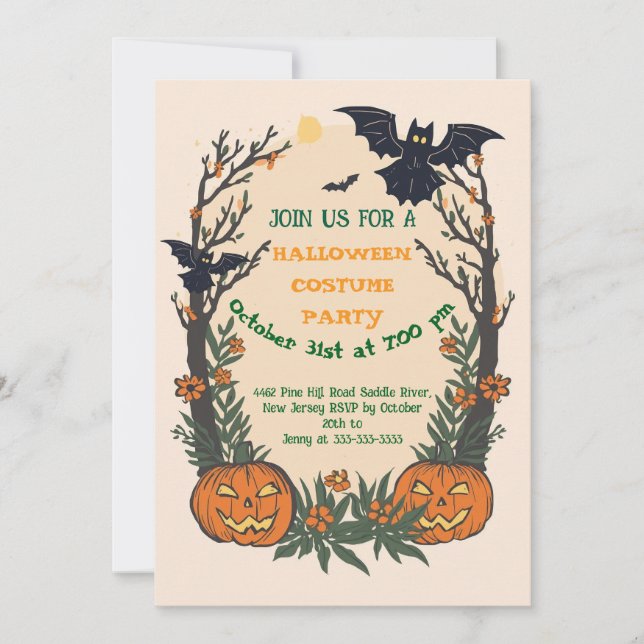 Invitación Diversión de Halloween con calabazas, murciélagos  (Anverso)