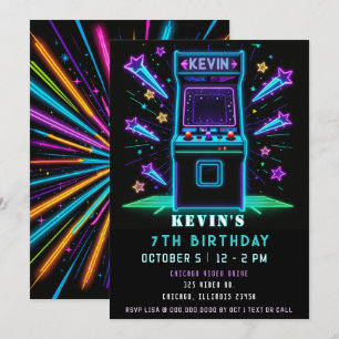 Invitación Diversión de Juegos Neon Glow Cumpleaños Arcade