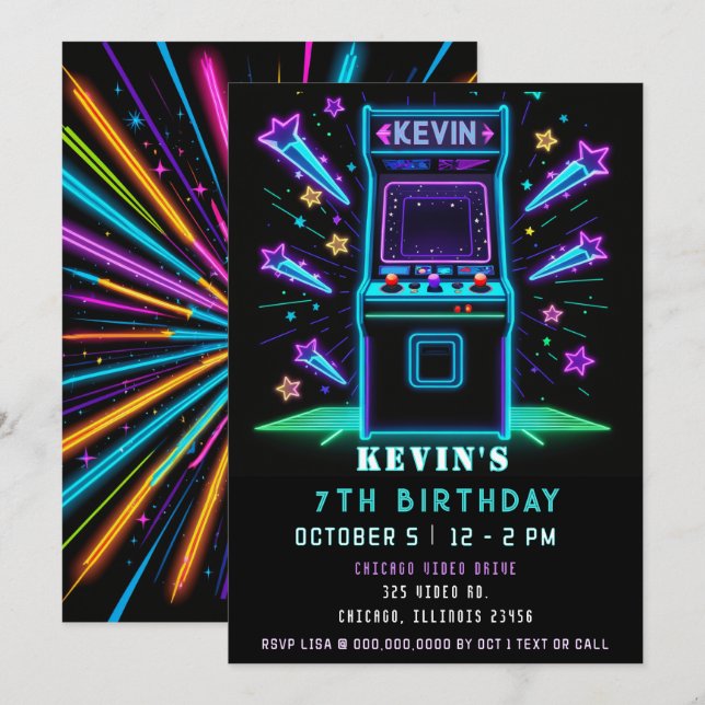 Invitación Diversión de Juegos Neon Glow Cumpleaños Arcade (Anverso / Reverso)