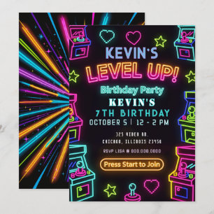 Invitación Diversión de Juegos Neon Glow Cumpleaños Arcade
