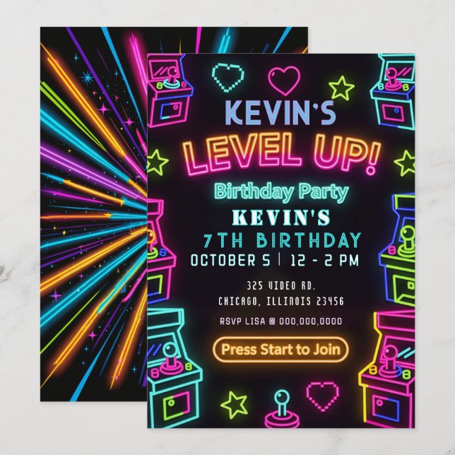 Invitación Diversión de Juegos Neon Glow Cumpleaños Arcade (Anverso / Reverso)