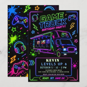 Invitación Diversión de Juegos Neon Glow Cumpleaños del Camió