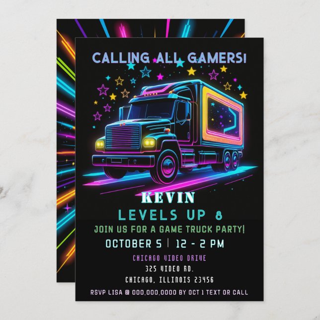 Invitación Diversión de juegos Neon Glow Game Truck Cumpleaño (Anverso / Reverso)
