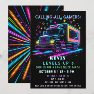 Invitación Diversión de juegos Neon Glow Game Truck Cumpleaño