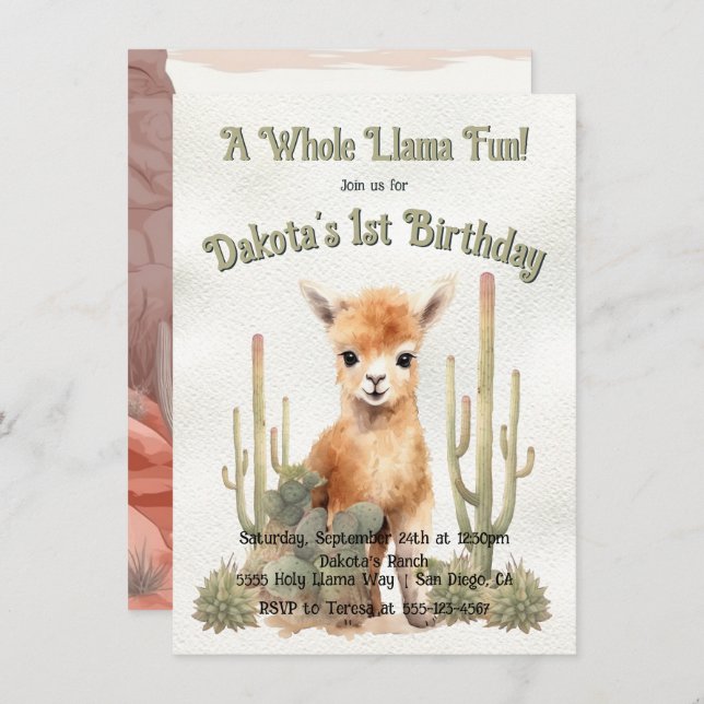 Invitación Diversión de Llama entera en un cumpleaños (Anverso / Reverso)