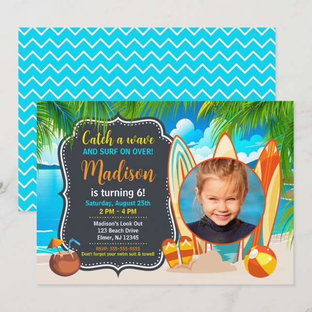 Invitación Diversión de verano en la playa de surf cumpleaños (Anverso / Reverso)