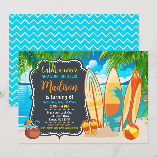 Invitación Diversión de verano en la playa surf cumpleaños (Anverso / Reverso)