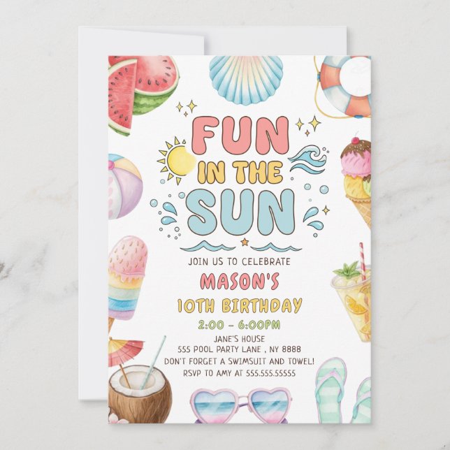 Invitación Diversión Del Sol Fiesta De Cumpleaños De Verano E (Anverso)