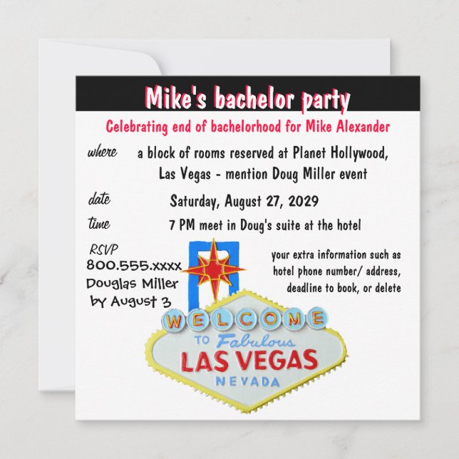 Invitación Diversión Despedida de Soltero en Las Vegas (Anverso)
