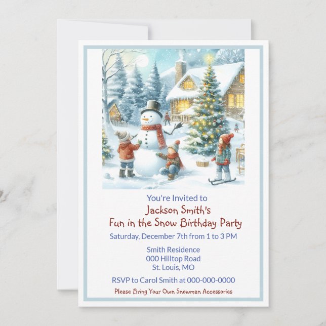 Invitación Diversión en cumpleaños de niños de nieve (Anverso)