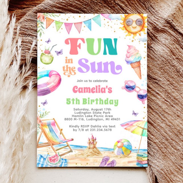 Invitación Diversión en el Fiesta de playa de verano del cump (Fun in the Sun Summer Birthday Beach Party Invitation)