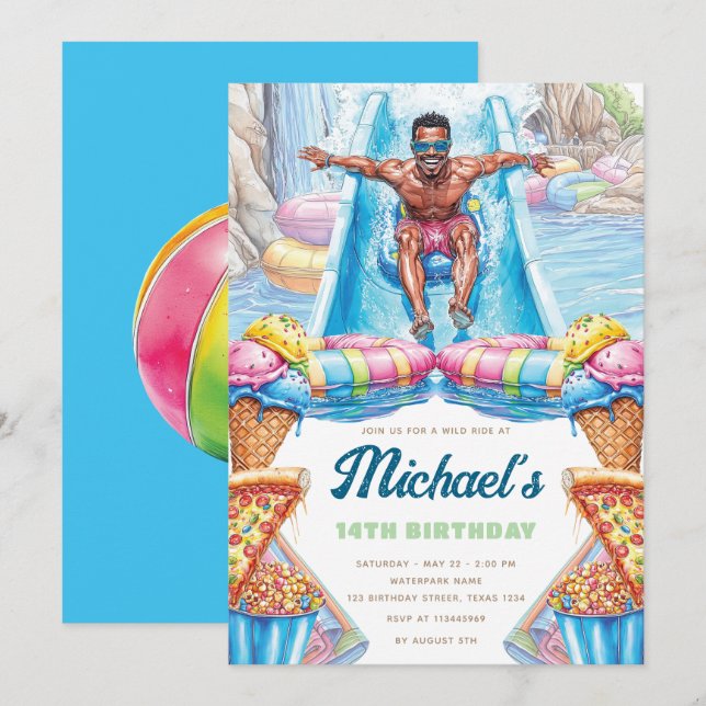 Invitación Diversión en el parque acuático Cumpleaños de adol (Anverso / Reverso)