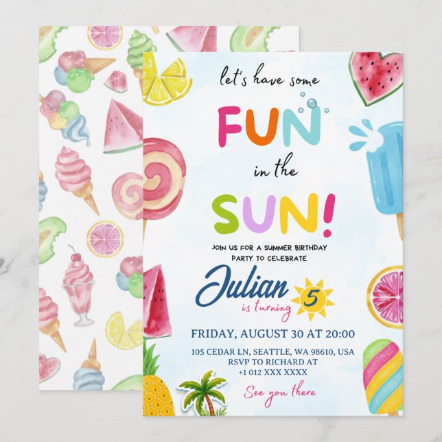 Invitación diversión en el sol (Anverso / Reverso)