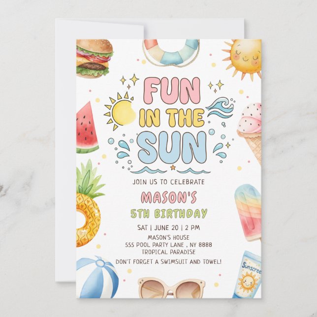 Invitación Diversión En El Sol Cumpleaños De Verano  (Anverso)