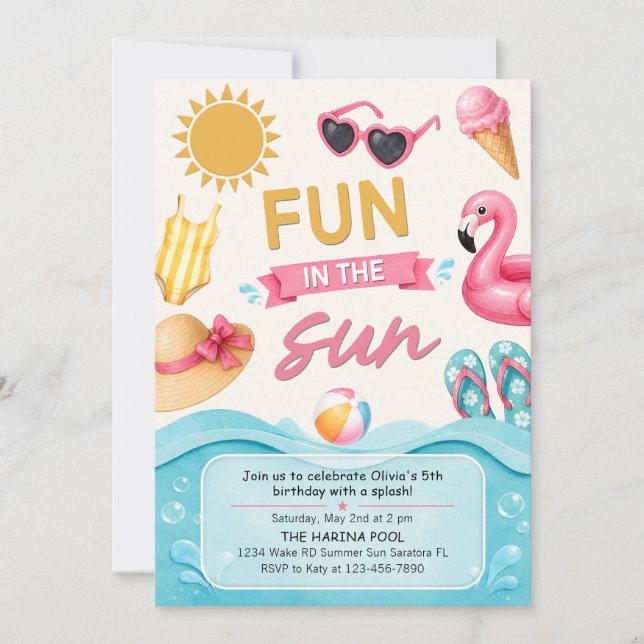 Invitación Diversión en el sol Cumpleaños de verano en la pis (Anverso)