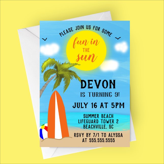 Invitación Diversión en la fiesta de cumpleaños de Sun Beach (Fun in the Sun - Beach Themed Birthday Party Invitation)
