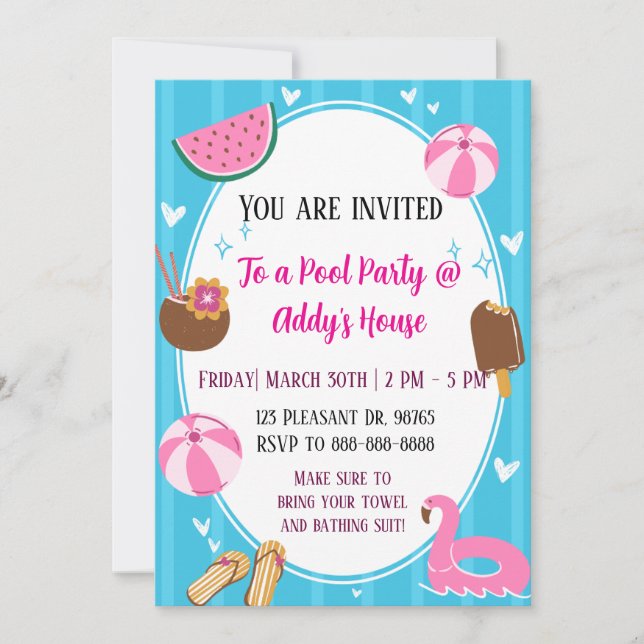 Invitación ¡Diversión en la fiesta de piscina! ¡Cumpleaños en (Anverso)