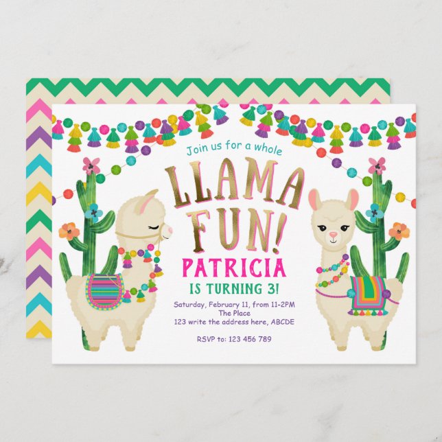 Invitación Diversión entera de llama, Fiesta, cumpleaños Chic (Anverso / Reverso)