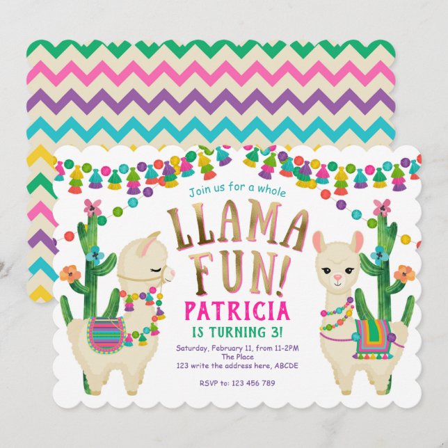 Invitación Diversión entera de Llama, fiesta de cumpleaños de (Anverso / Reverso)