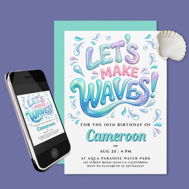 Invitación Diversión Fiesta de Surf Menta Morado Rosa Olas Sa (Subido por el creador)