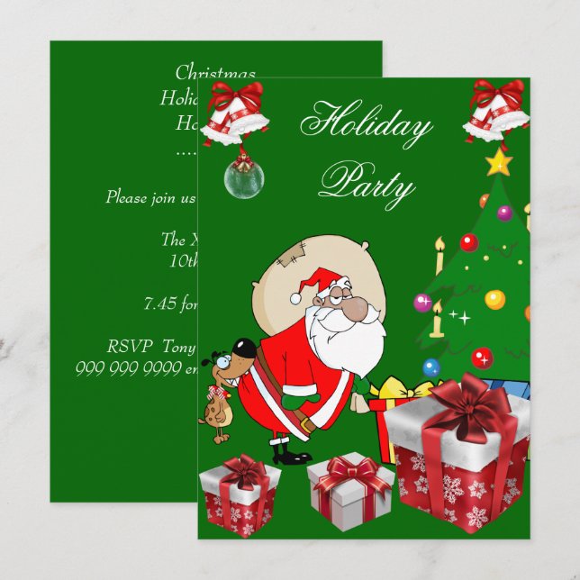 Invitación Diversión Fiesta Navideña Perro Santa Árbol (Anverso / Reverso)