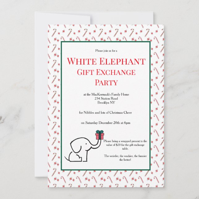 Invitación Diversión Intercambio de Regalos Elefante Blanco F (Anverso)