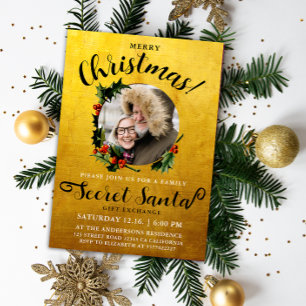 Invitación Diversión Lujo Glam Oro Alegre Navidad Santa Secre