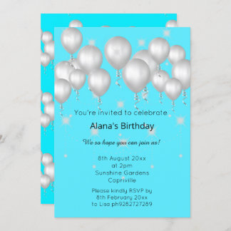 INVITACIÓN DIVERSIÓN MODERNA BALONA AZUL LUMINOSO CUMPLEAÑOS