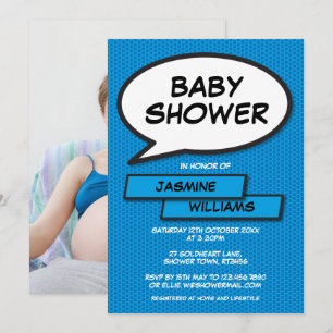 Invitación Diversión moderna para baby shower en foto azul be