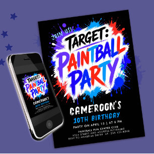 Invitación Diversión Paintball Azul Rojo Pintura Spray Grafit